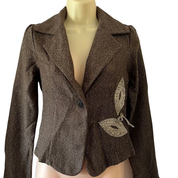 The Rag Story Brown & Metallic Silver Herringbone Tweed Blazer Beaded Appliqué - Picture 1 of 11